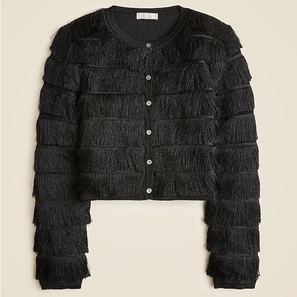 NWT J Crew Black Fringe Cardigan in Metallic Yarn